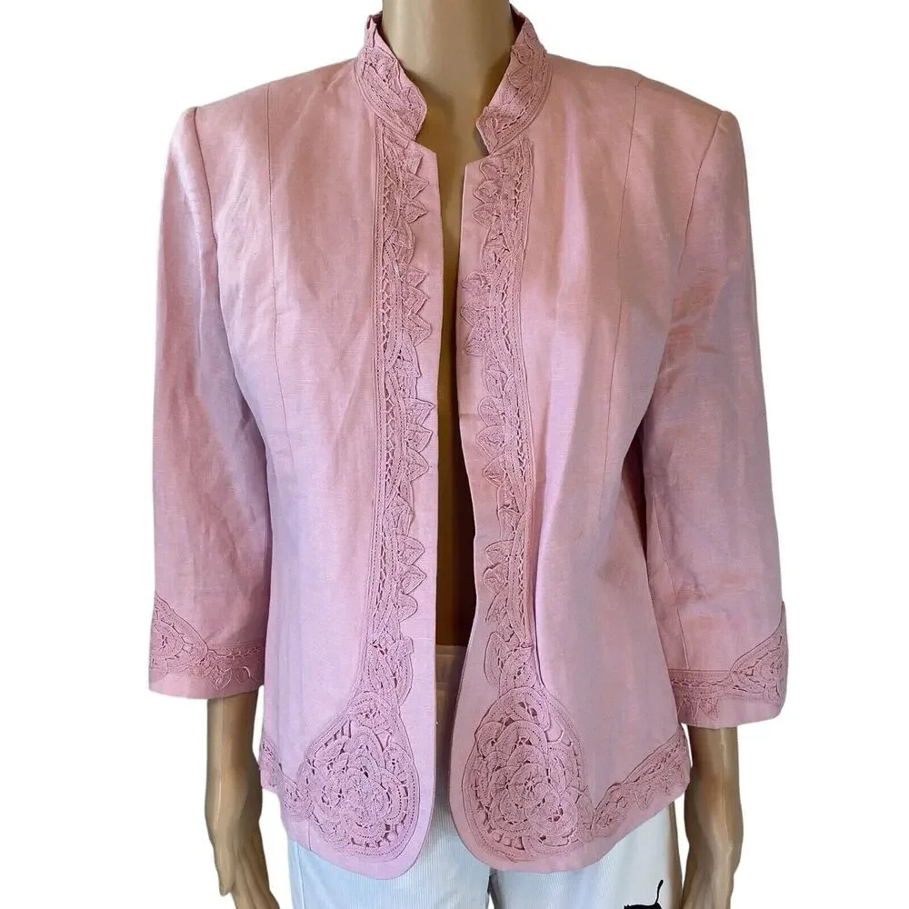 DressBarn LinenBlend Embroidered Suit Jacket Blazer Women M Formal Career Office